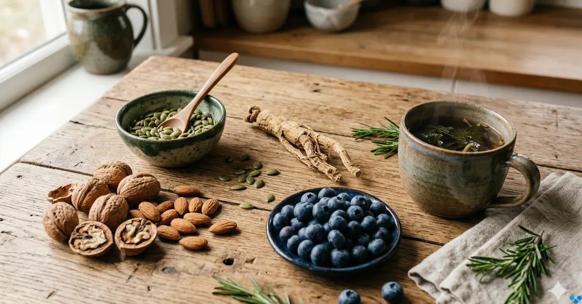 Natuerliche Hausmittel bei Erektionsstoerung wie Ginseng Kuerbiskerne Nuesse und Beeren auf einem Holztisch