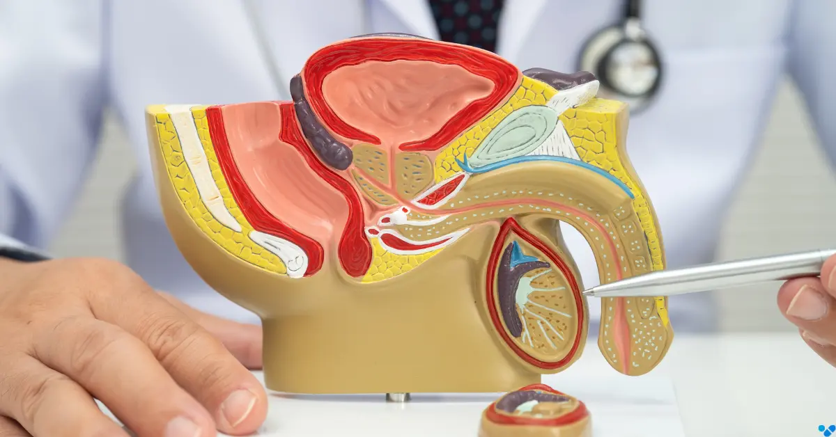 Arzt zeigt mit einem Stift auf ein anatomisches Modell des männlichen Beckens mit Schwellkörper, Prostata und Blase zur Erklärung von Erektionsstörungen