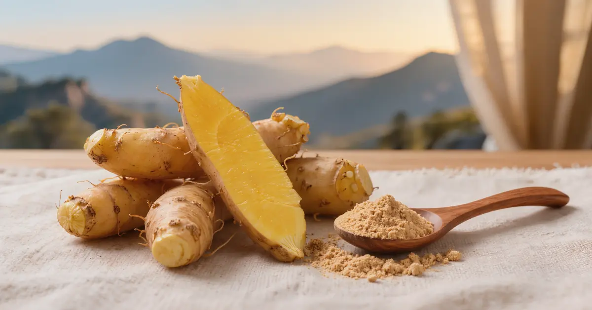 Gelbes Maca Pulver und Knolle aus den peruanischen Anden – natürliche Unterstützung für Frauen
