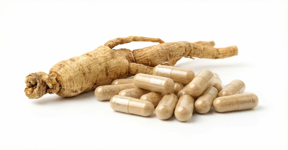 Ginsengwurzel und Kapseln auf hellem Hintergrund – natürliche Unterstützung für Testosteron und Vitalität