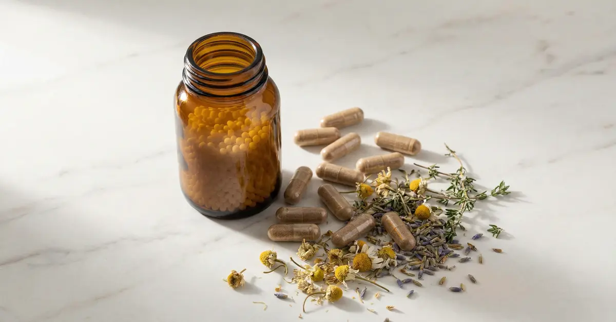 Homöopathische Globuli und pflanzliche Kapseln nebeneinander auf hellem Untergrund