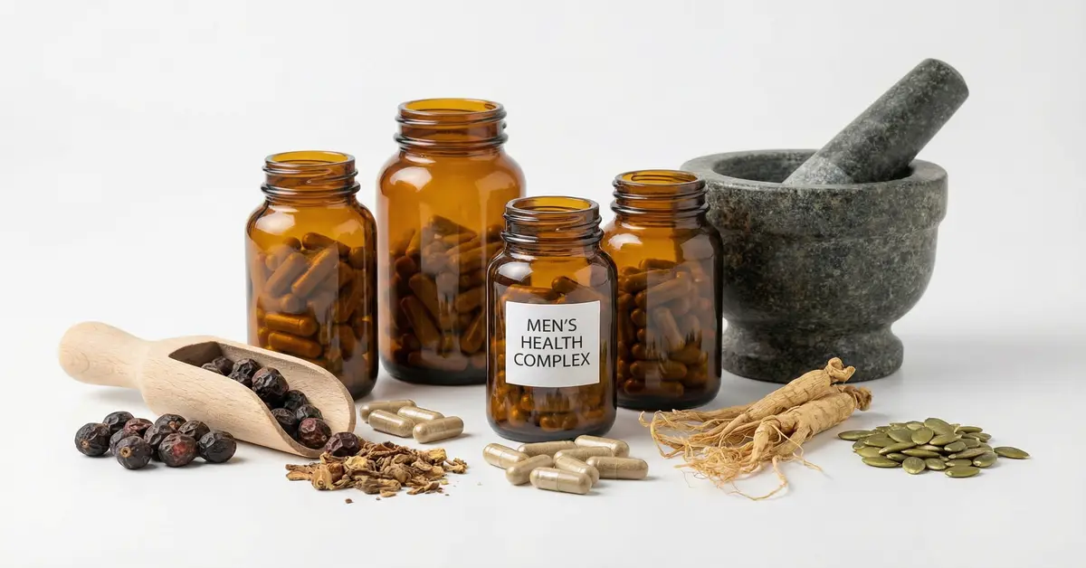 Natürliche Nahrungsergänzungsmittel für die Potenz: Kapseln und Pflanzenextrakte auf hellem Hintergrund
